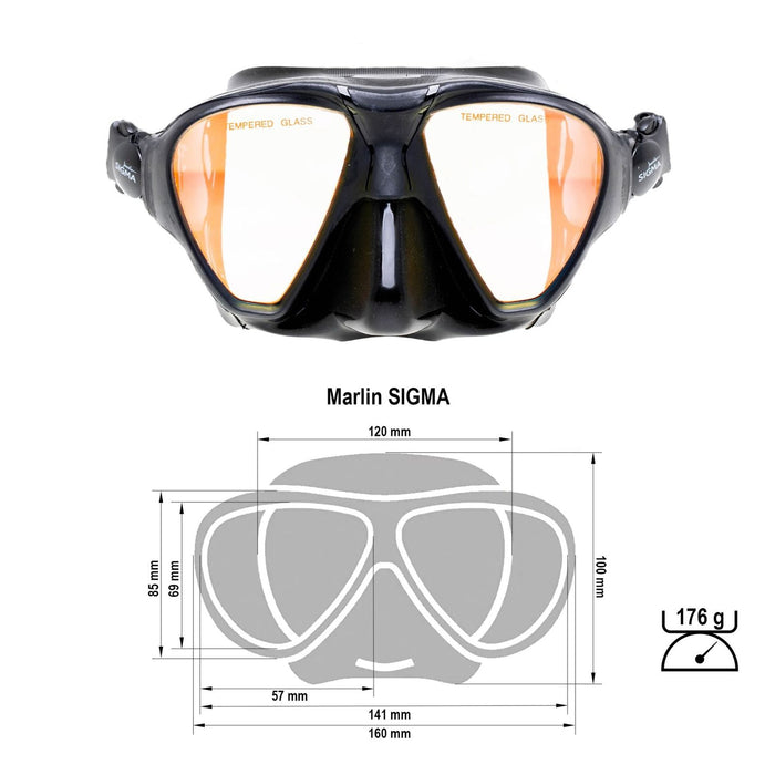 Máscara de pesca submarina Sigma negra con lentes amarillos espejados Marlin 213638