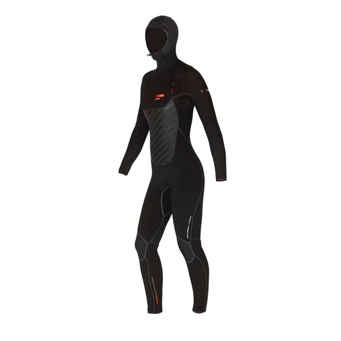 Neopreno completo Amazone con capucha para mujer, cierre en el pecho 6-4 negro-naranja, tamaño 12-XL RRD 25AMCZ64H12