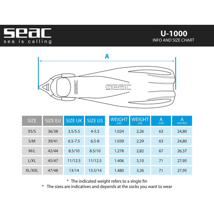 Aletas de buceo U-1000 Roja XL-XXL ~ 46-48 Seac 71-55R-XL-XXL