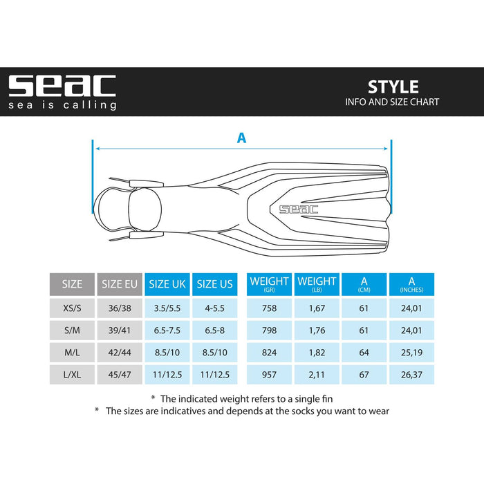 Aletas de Buceo Estilo Azul S-M ~ 39-41 Seac 71-61B-S-M